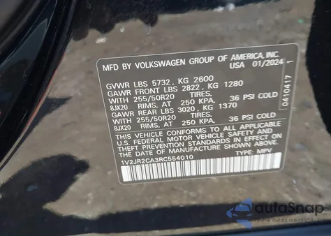 2024 Volkswagen Atlas 2.0T Se W/Technology из США, поврежденный, VIN 1V2JR2CA3RC554010